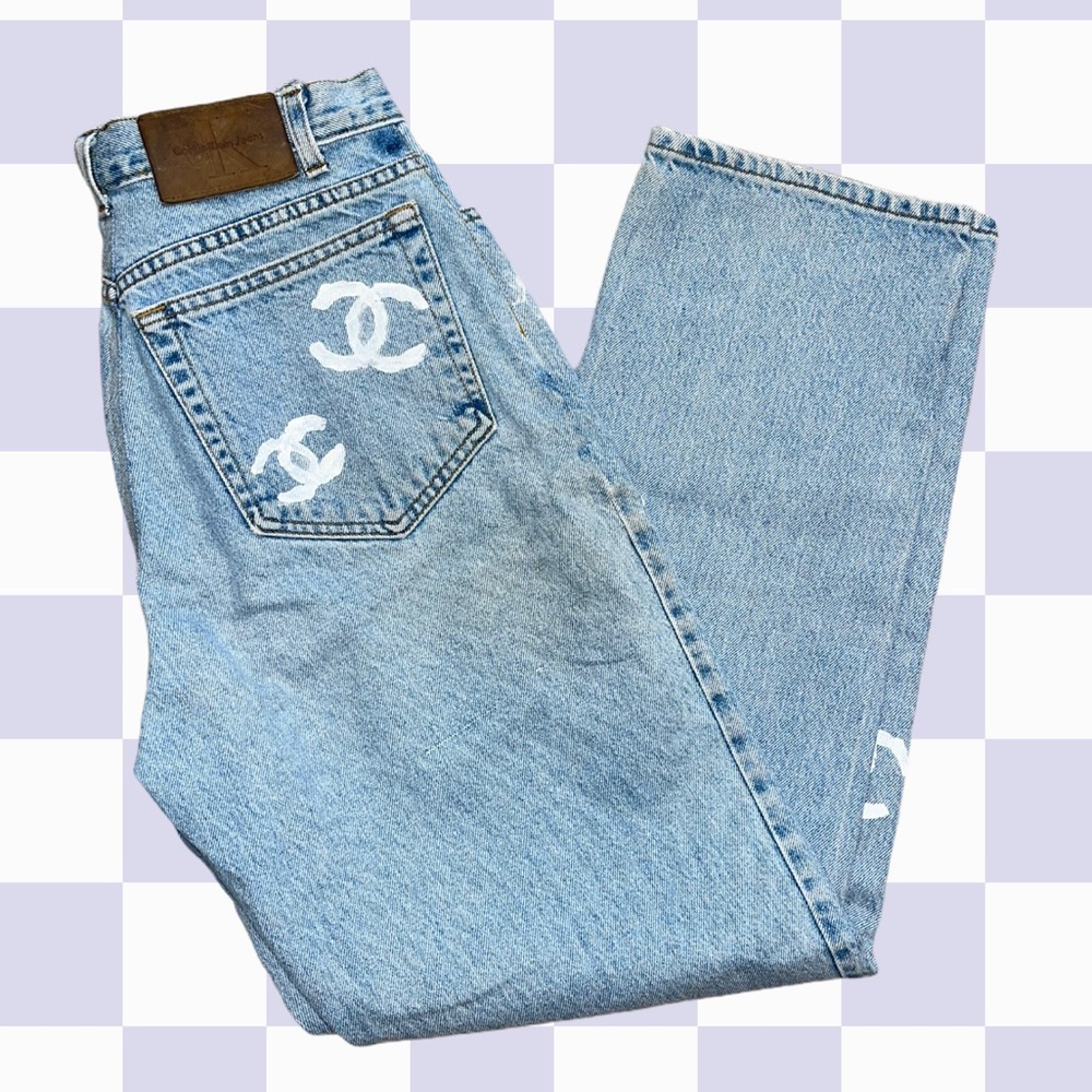 hand-painted Chanel Calvin Klein mom jeans